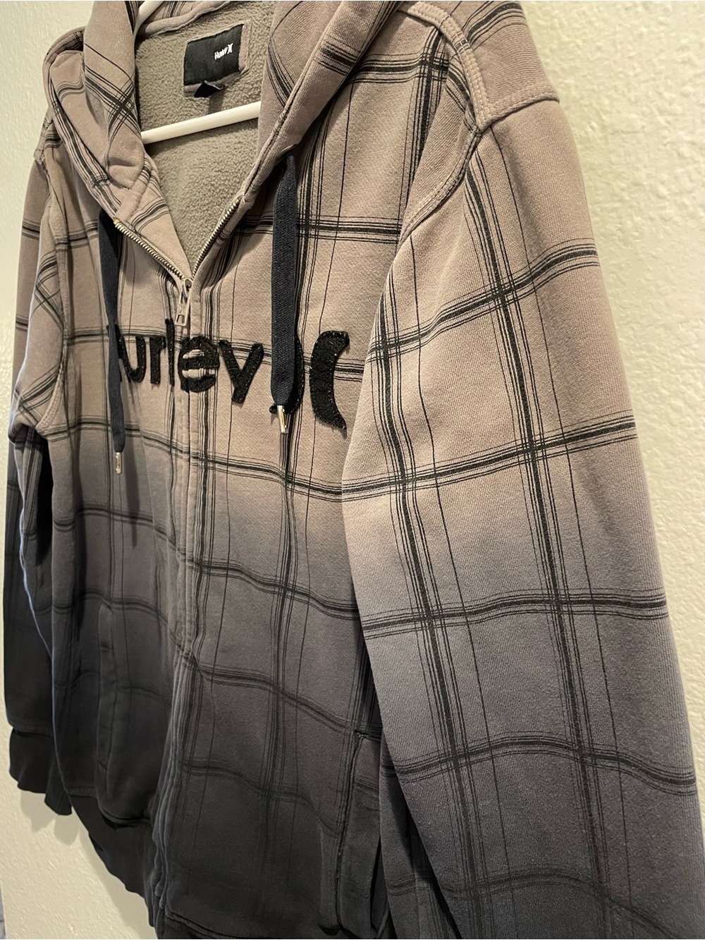 🛹VTG Y2K Hurley Ombre Plaid Full Zip Hoodie Grey Black🛹 - Picture 5 of 6